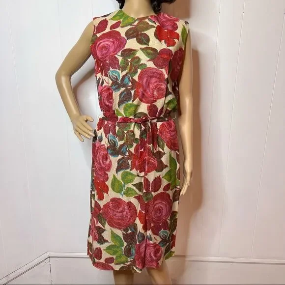 Vintage Floral Belted Sleeveless Shift Dress All Over Print Handmade Size Small - Picture 3 of 10